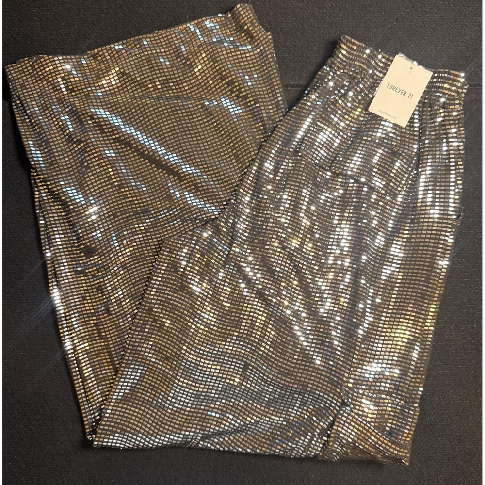 Forever 21 Pants Womens M Silver Sequin Mesh Cargo Wide Leg Elastic Waist NEW